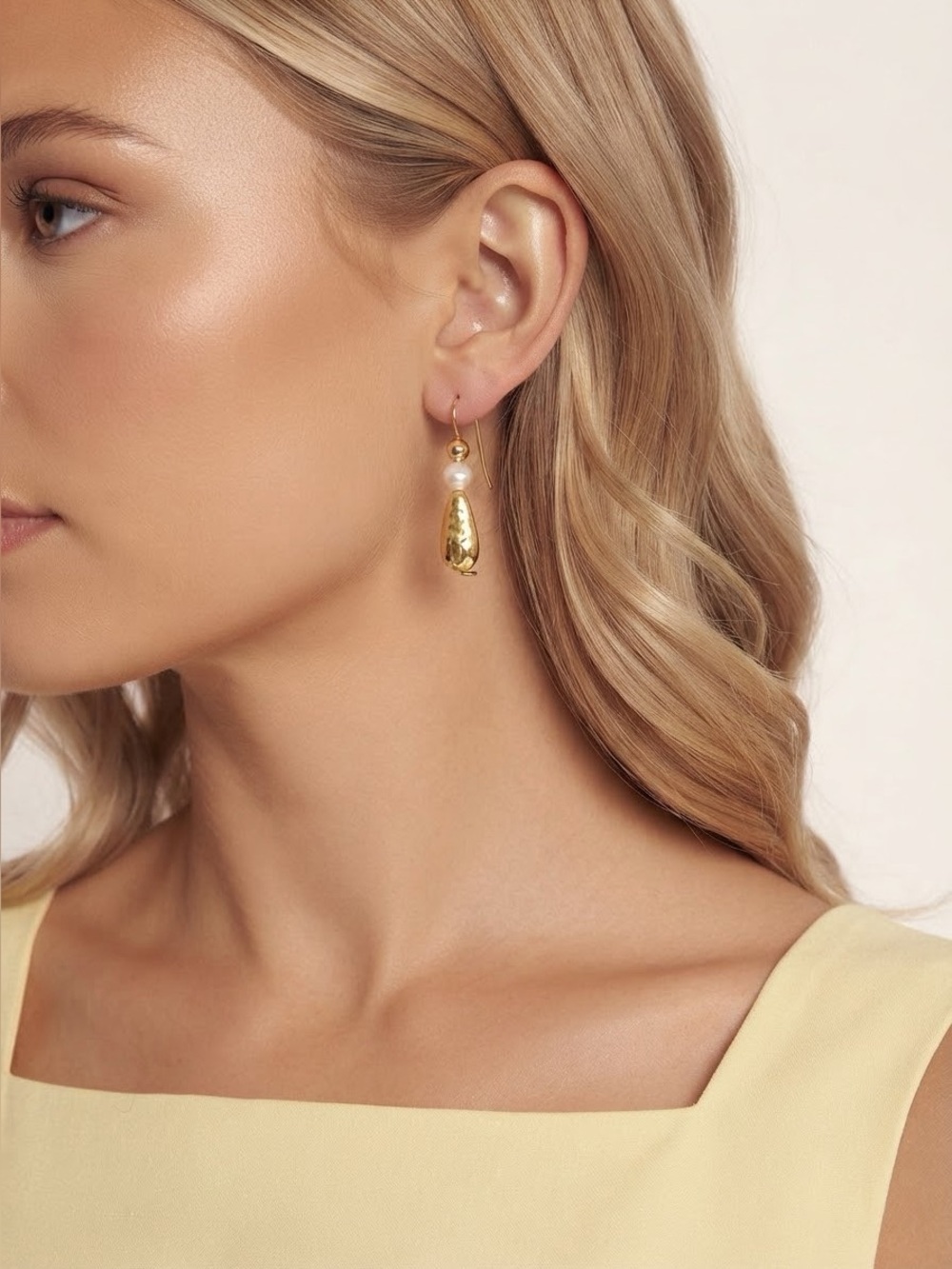 Vintage Gold Tone Pearl Drop Earrings | Hammered Teardrop Dangle Earrings